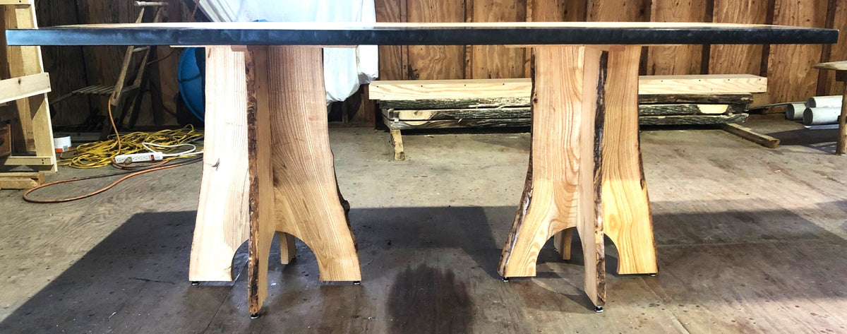 Ash Epoxy Resin Dining Table with Live Edge Oak pedestal base