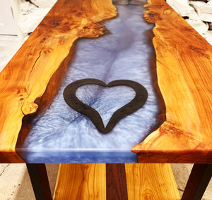 Custom Applewood Epoxy Resin River Coffee Table with Horseshoe Inlay