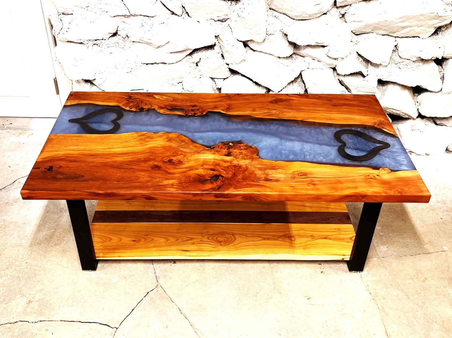 Custom Applewood Epoxy Resin River Coffee Table with Horseshoe