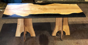 Ash Epoxy Resin Dining Table with Live Edge Oak pedestal base
