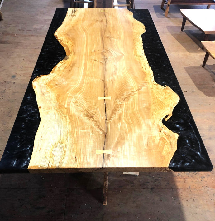 Ash Epoxy Resin Dining Table with Live Edge Oak pedestal base