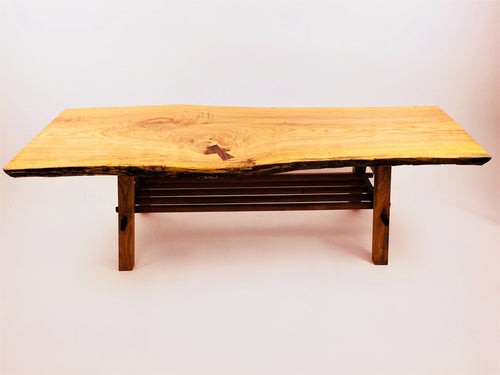 Live Edge Ash Coffee Table with Walnut and Cherry Base and Magazine Rack